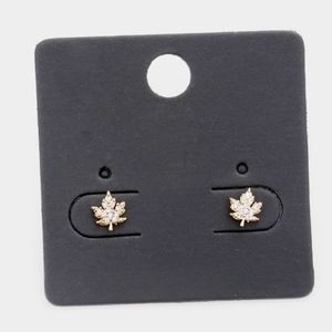 Gold Weed Cubic Zirconia Stud Earrings Fashion Statement Accessories Maple Leaf